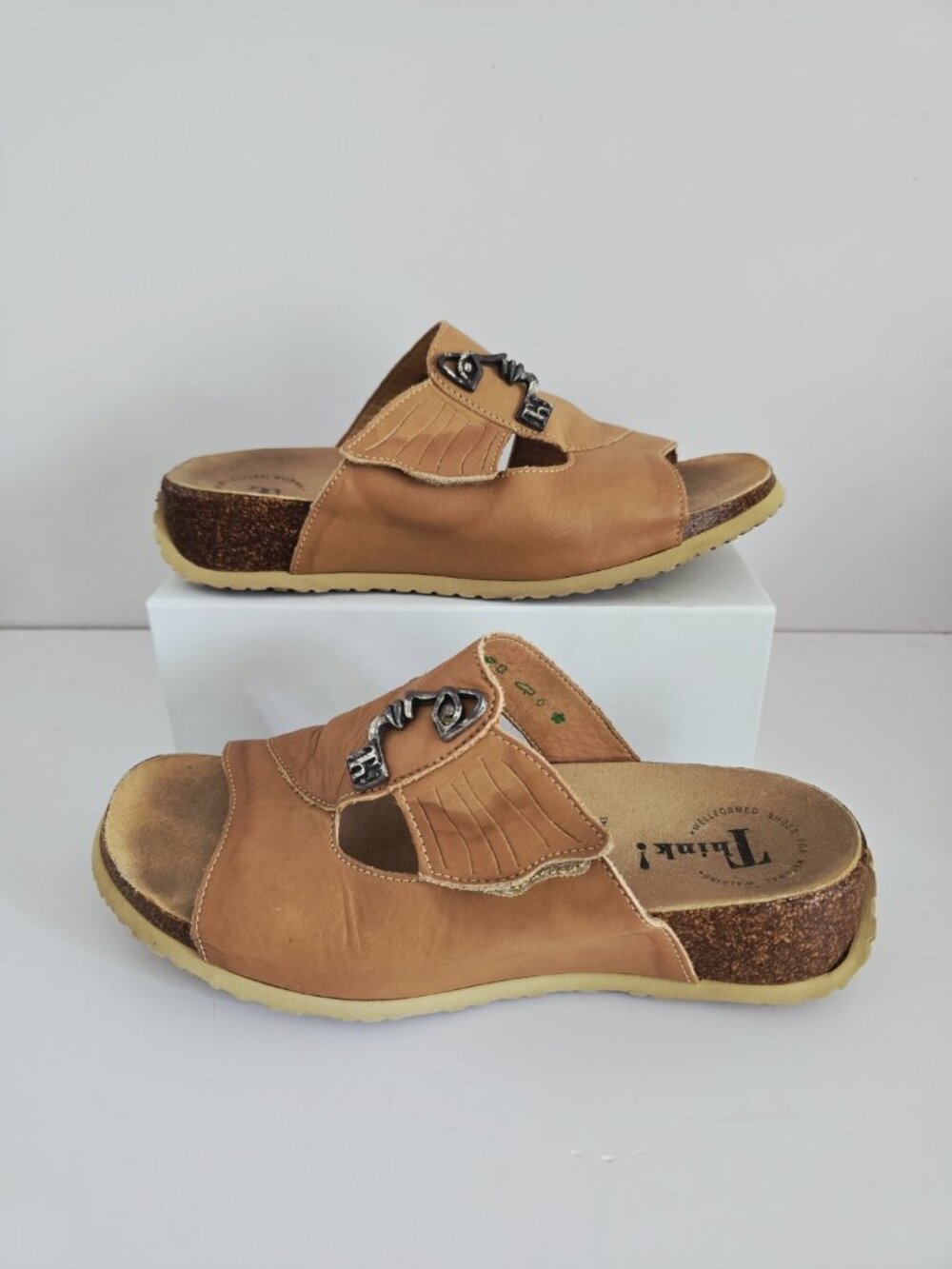 Think! Think Mizzi Face Tan Open Toe Cork Leather Sandals 40 10 Slip On Shoes